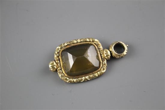 A Victorian yellow metal overlaid citrine fob pendant, overall 46mm,